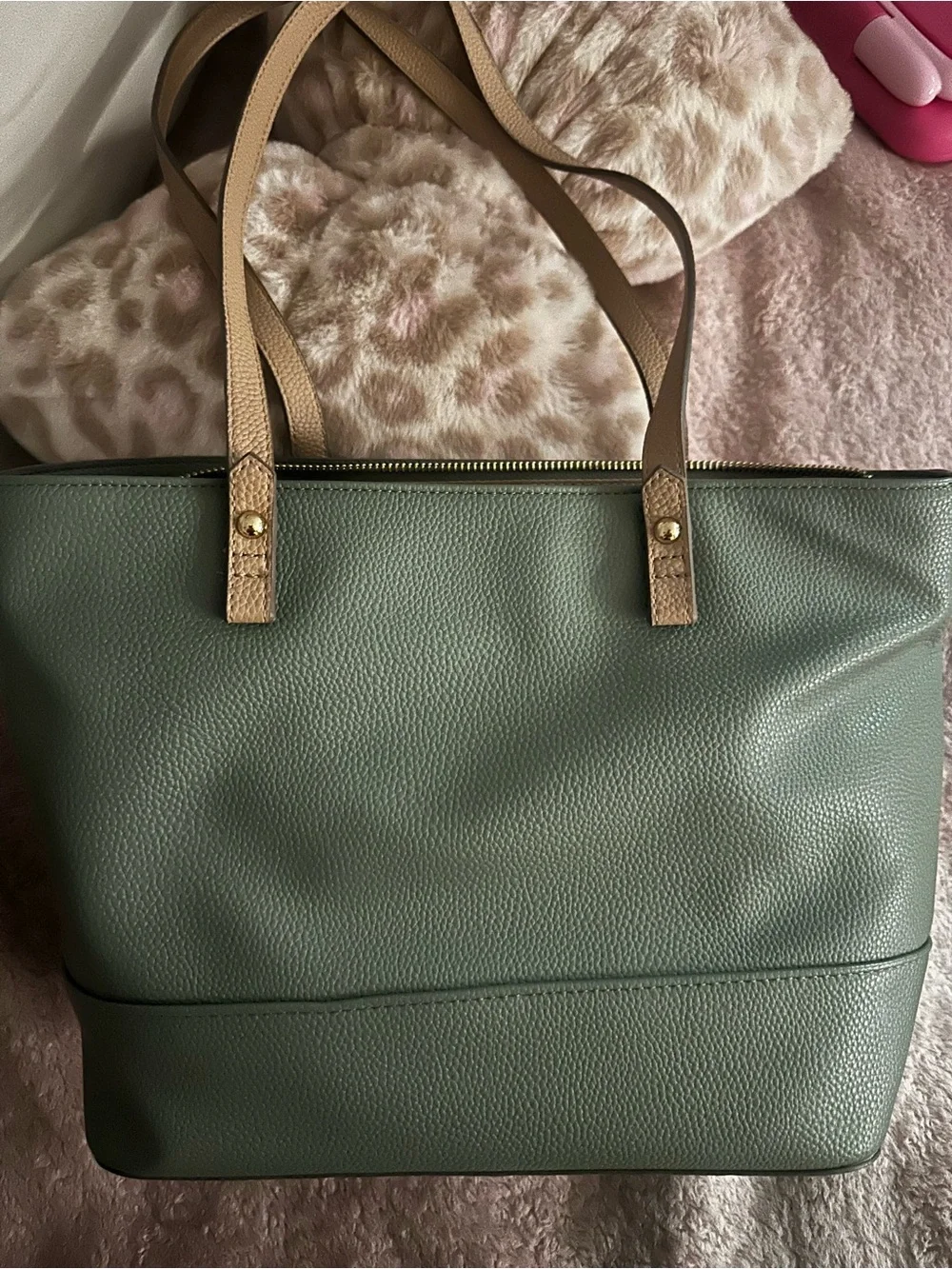 Nanette Lepore Forest Green Tote with Tan Straps